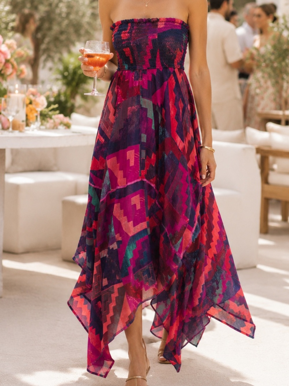 Asymmetric Roxy Strapless Maxi Dress Geometric Print Boho Beach L Festival Party